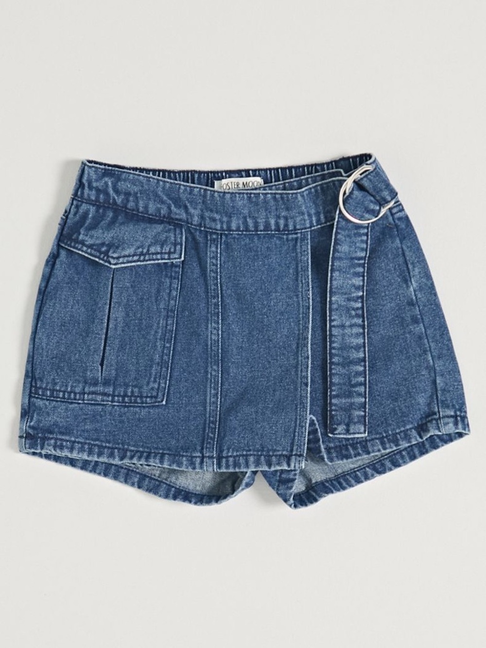 denim cargo utility mid rise belt skort